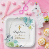 ビューティフルブルーフローラゴールデンクロスベビーバプテスマ ペーパープレート (パーティー)