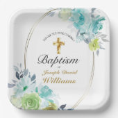 ビューティフルブルーフローラゴールデンクロスベビーバプテスマ ペーパープレート (正面)
