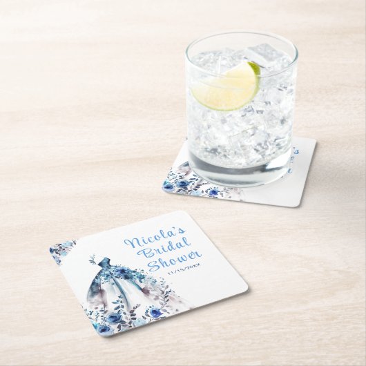 ビューティフルブルーフローラドレスブライダルシャワー スクエアペーパーコースター (インサイチュ)