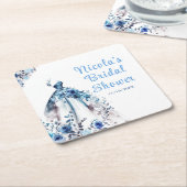 ビューティフルブルーフローラドレスブライダルシャワー スクエアペーパーコースター (アングル)