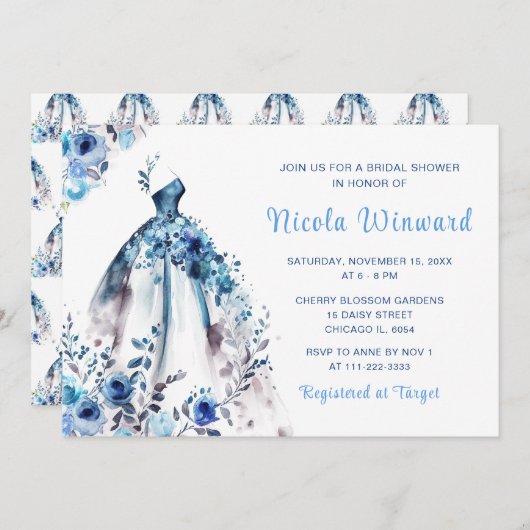 ビューティフルブルーフローラドレスブライダルシャワー 招待状 (正面/裏面)