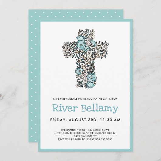 ビューティフルブルーフローラ十字洗礼 招待状 (正面/裏面)