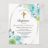 ビューティフルブルーフローラ金ゴールドクロスベビーバプテスマ インビテーションポストカード (正面)