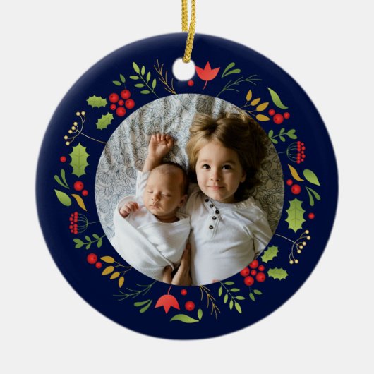 ビューティフルブルーボタニックフォトカスタムクリスマス セラミックオーナメント (正面)
