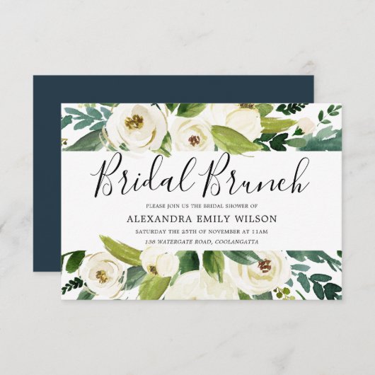 ビューティフルホワイトフラワーズグリーンブライダルシャワーブランチ 招待状 (正面/裏面)