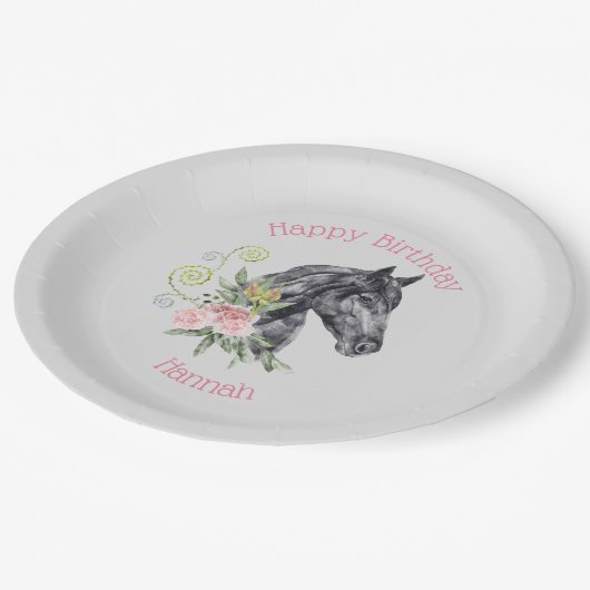 ビューティフルホースイラストレーション-ハッピーバースデー ペーパープレート (アングル)