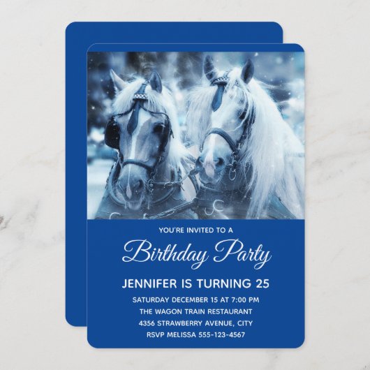 ビューティフルホースチームウィンターフォト誕生日 招待状 (正面/裏面)