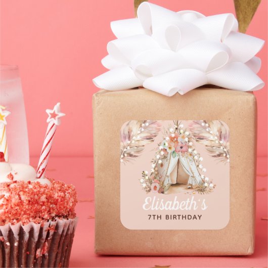 ビューティフルボヘミアンガール誕生日 パーソナライズされた スクエアシール (パーティー)