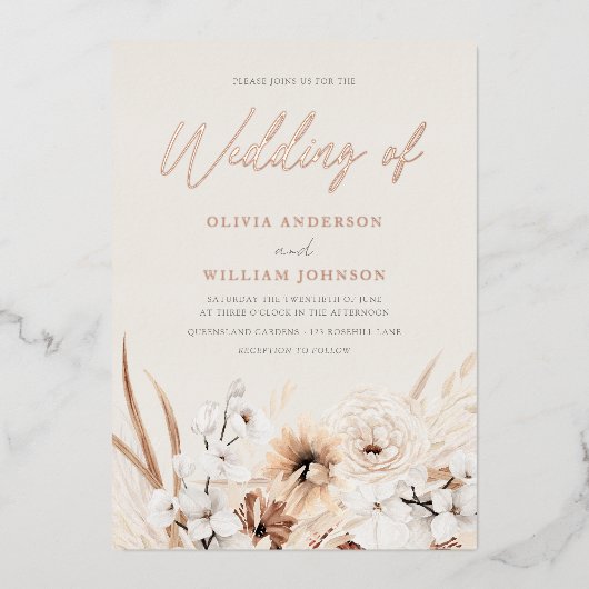 ビューティフルボホベージュ結婚フローラバラ金ゴールド 箔招待状 (正面)