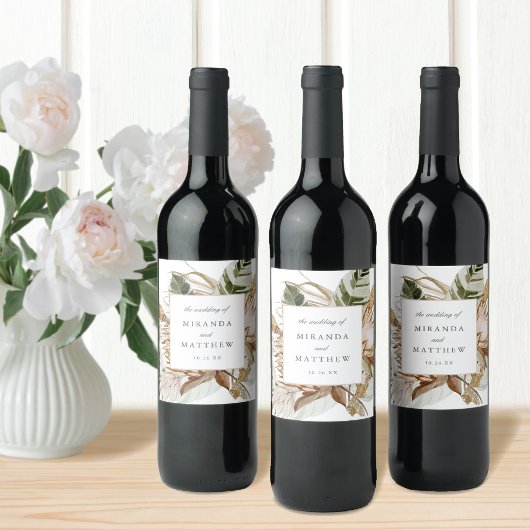 ビューティフルボホボタニカルフローラホワイト結婚ズ ワインラベル