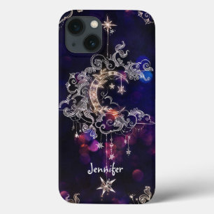 ビューティフルボーホムーンスターズブルーパープルカスタム文字 iPhone 13ケース