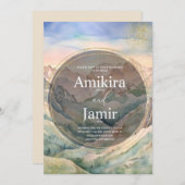 ビューティフルマウンテンウォーターカラーグリッター結婚ズ 招待状 (正面/裏面)