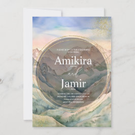 ビューティフルマウンテンウォーターカラーグリッター結婚ズ 招待状