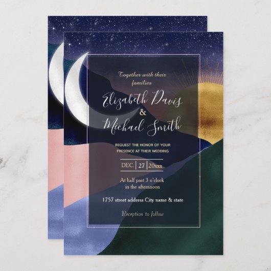 ビューティフルマウンテンリバームーンサンセットデザイン 招待状 (正面/裏面)