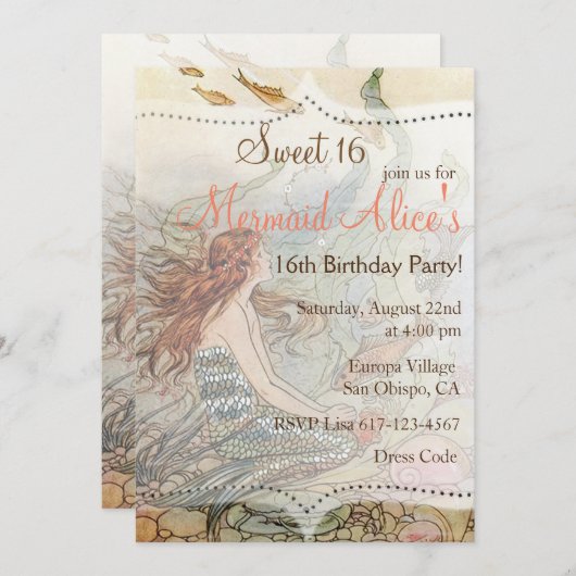 ビューティフルマーメイドヴィンテージスウィート16誕生日招待状 招待状 (正面/裏面)
