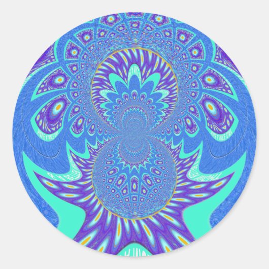 ビューティフルモダンシアンブルーろうけつ染め万華鏡のように千変万化するパターンアート ラウンドシール (正面)