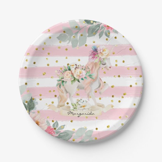 ビューティフルユニコーンパステルピンクストライプグリッター ペーパープレート (正面)