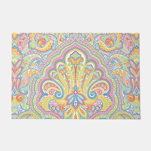 ビューティフルユニークアクアブルーピンクペイズリーアート ドアマット (正面)