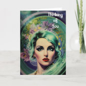 ビューティフルラベンダー&グリーンレトロスタイル宇宙女性 カード (正面)