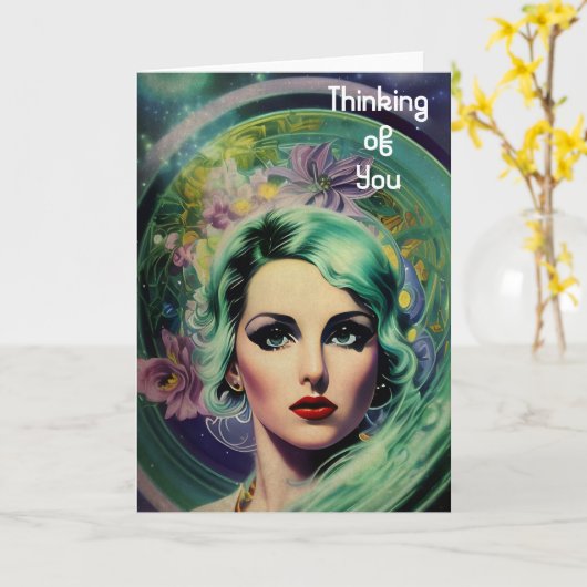 ビューティフルラベンダー&グリーンレトロスタイル宇宙女性 カード (黄色い花)