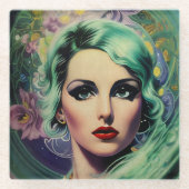 ビューティフルラベンダー&グリーンレトロスタイル宇宙女性 ガラスコースター (正面)