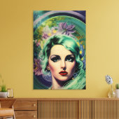 ビューティフルラベンダー&グリーンレトロスタイル宇宙女性 キャンバスプリント (インサイチュ (リビング))