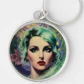 ビューティフルラベンダー&グリーンレトロスタイル宇宙女性 キーホルダー (正面)