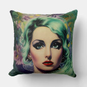 ビューティフルラベンダー&グリーンレトロスタイル宇宙女性 クッション (正面)