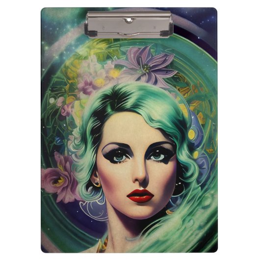 ビューティフルラベンダー&グリーンレトロスタイル宇宙女性 クリップボード (正面)