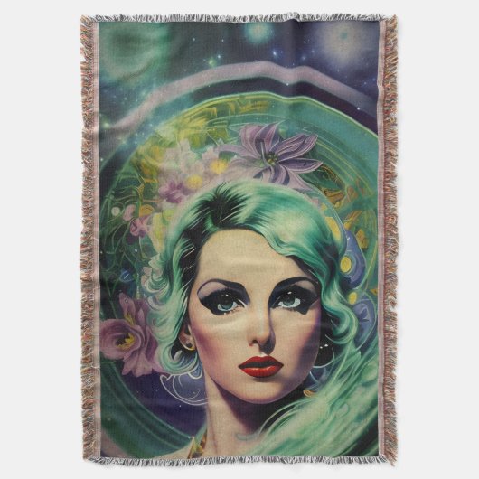 ビューティフルラベンダー&グリーンレトロスタイル宇宙女性 スローブランケット (正面縦)