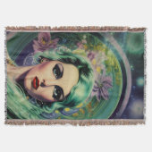 ビューティフルラベンダー&グリーンレトロスタイル宇宙女性 スローブランケット (正面)
