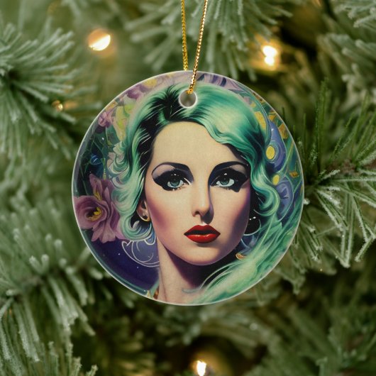 ビューティフルラベンダー&グリーンレトロスタイル宇宙女性 セラミックオーナメント (ツリー)