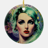 ビューティフルラベンダー&グリーンレトロスタイル宇宙女性 セラミックオーナメント (裏面)