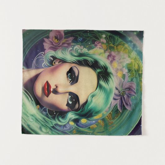 ビューティフルラベンダー&グリーンレトロスタイル宇宙女性 タペストリー (正面(横))
