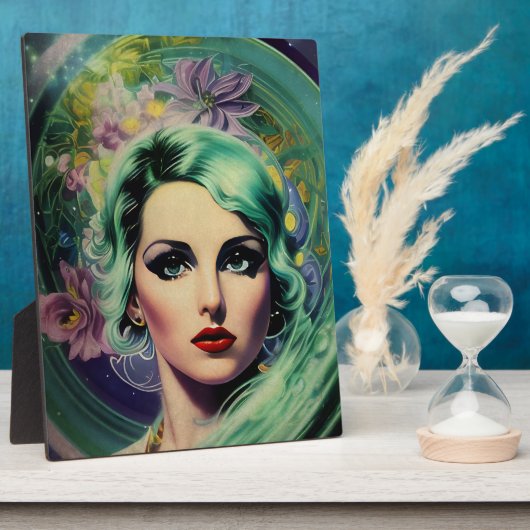 ビューティフルラベンダー&グリーンレトロスタイル宇宙女性 フォトプラーク (側面)