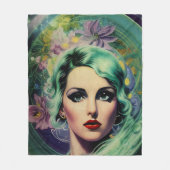 ビューティフルラベンダー&グリーンレトロスタイル宇宙女性 フリースブランケット (正面)