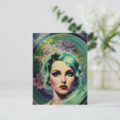 ビューティフルラベンダー&グリーンレトロスタイル宇宙女性 ポストカード (スタンド正面)