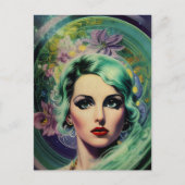 ビューティフルラベンダー&グリーンレトロスタイル宇宙女性 ポストカード (正面)