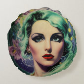 ビューティフルラベンダー&グリーンレトロスタイル宇宙女性 ラウンドクッション (裏面)