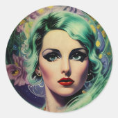 ビューティフルラベンダー&グリーンレトロスタイル宇宙女性 ラウンドシール (正面)
