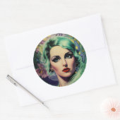 ビューティフルラベンダー&グリーンレトロスタイル宇宙女性 ラウンドシール (封筒)