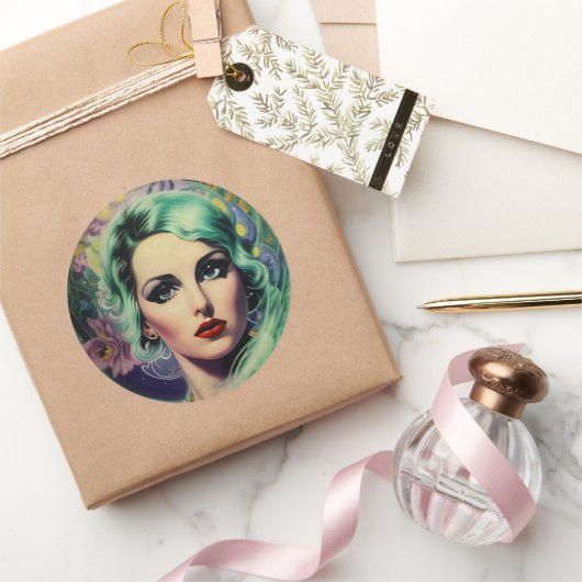 ビューティフルラベンダー&グリーンレトロスタイル宇宙女性 ラウンドシール (ギフト)