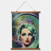 ビューティフルラベンダー&グリーンレトロスタイル宇宙女性 吊り下げ型タペストリー (正面)