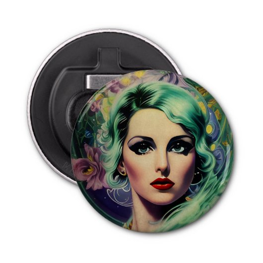 ビューティフルラベンダー&グリーンレトロスタイル宇宙女性 栓抜き (正面)