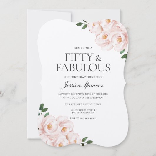 ビューティフルレイド赤面エレガントピンク50誕生日 招待状 (正面)