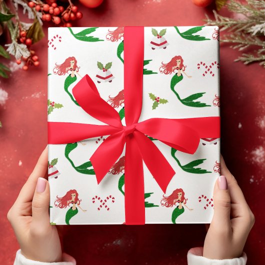 ビューティフルレッドグリーングリッタークリスマスマーメイド ラッピングペーパー