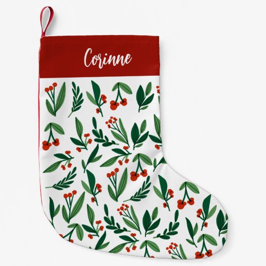 ビューティフルレッドグリーンホリーベリパーソナライズされたー スモールクリスマスストッキング (正面)