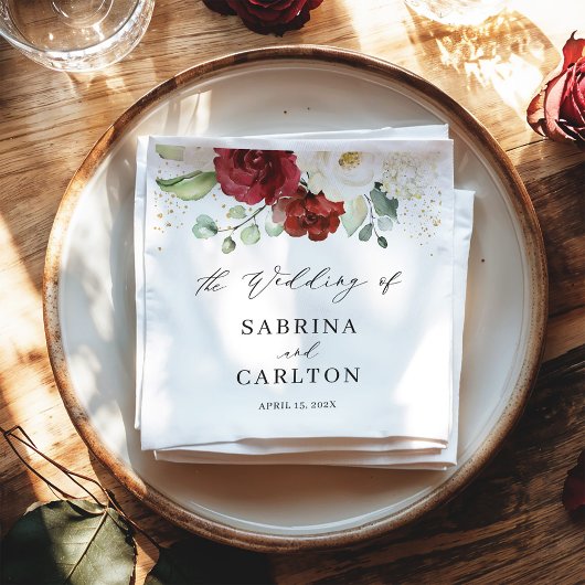 ビューティフルレッドホワイトフローラ金ゴールド結婚紙吹雪 スタンダードカクテルナプキン