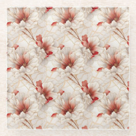 ビューティフルレッドホワイトフローラ ガラスコースター