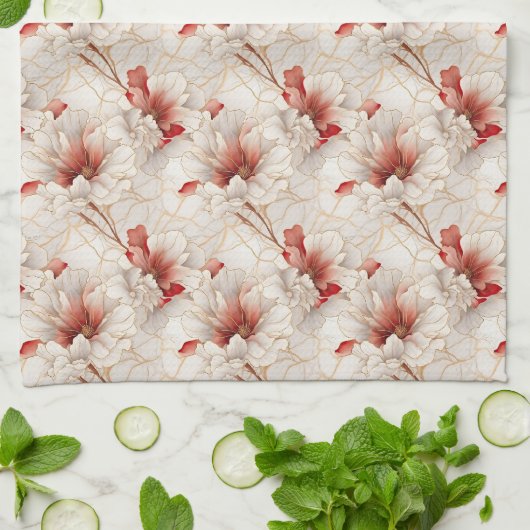 ビューティフルレッドホワイトフローラ キッチンタオル (折り畳み)